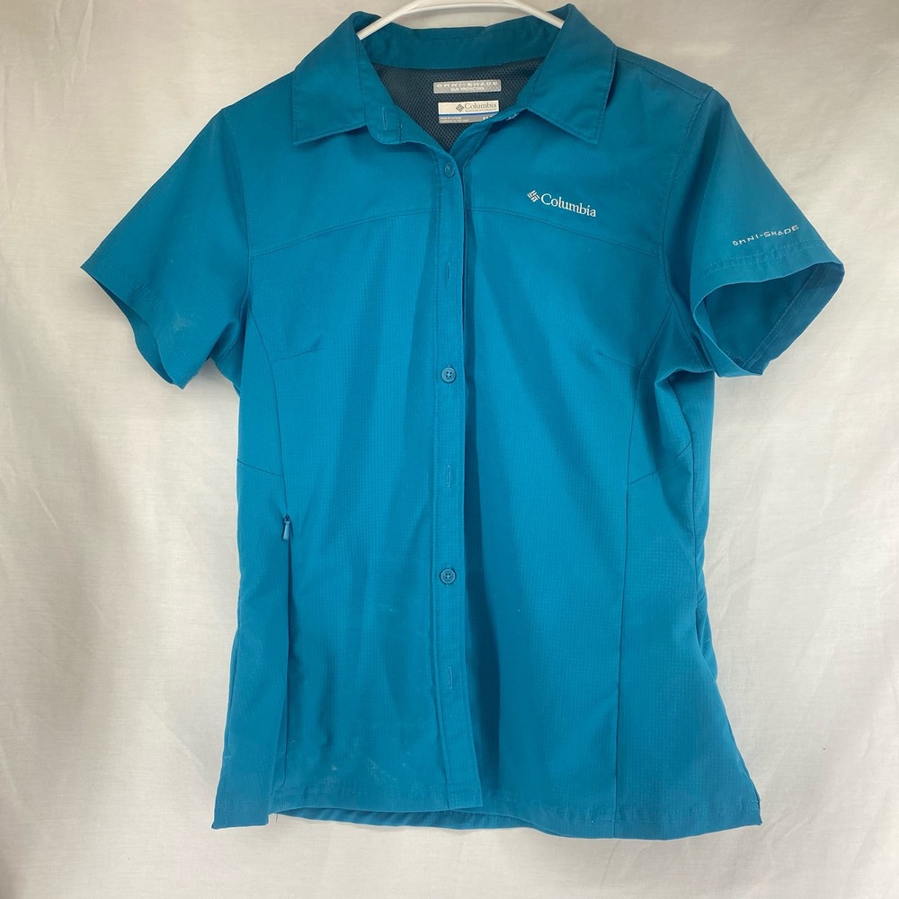 Columbia Omni-Shade Top Blue short sleeve button up women sz XS